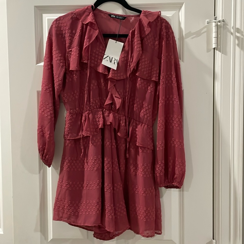 Zara, new with tags, mauve romper, lined shorts, polka dots/ruffles
